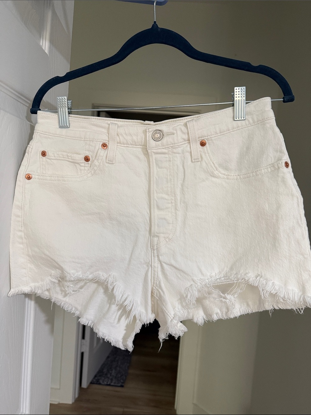 Levi's White Raw Hem High-Rise Denim Shorts